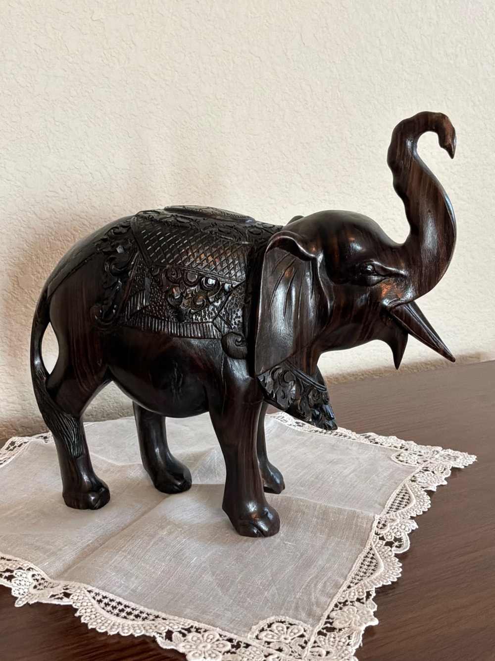 Intricately Hand-Carved Dark Teak Wood Elephant Statue Decorative Home Art Deco
